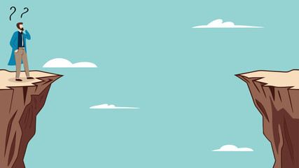 creative problem solving at work illustration with the concept of a businessman who is looking for a way to cross the gap between two cliffs, challenge at work concept