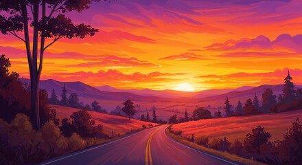 Scenic sunset road trip through the mountains with colorful sky