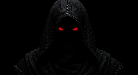 Eerie Figure in Shadowy Hood with Piercing Red Eyes Embodying Darkness and Mystery Perfect for Fantasy and Horror Themes
