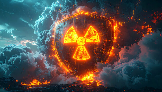A glowing nuclear hazard symbol is encased in a fiery shield, surrounded by ominous clouds.