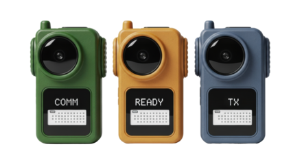 Three retro-futuristic, rugged, recycled plastic comm devices in green, ochre, blue, with dot-matrix displays, on white, studio shot, concept of durable sustainable technology