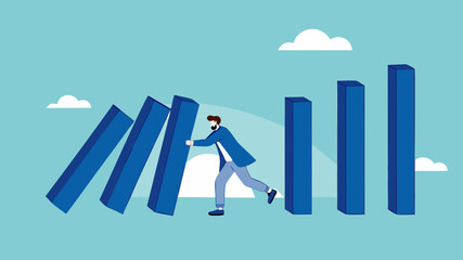 prevent economic recession illustration with concept of business people stop domino effect or financial chain reaction collapse, stop loss to avoid market crash or banking collapse illustration

