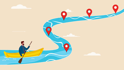 career path to success, the way to achieve goal, milestone or career path achievement, route or pathway to achieve goals, businessman riding a kayak towards achievement milestone to success