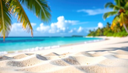 Idyllic tropical beach vista with palms framing turquoise waters and pristine white sand on a sunny day, inviting relaxation and escape