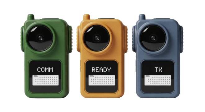 Three retro-futuristic, rugged, recycled plastic comm devices in green, ochre, blue, with dot-matrix displays, on white, studio shot, concept of durable sustainable technology