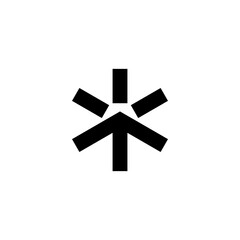 Obraz premium A minimalist black geometric symbol featuring an arrow pointing upwards with three bars radiating outwards on a white background.