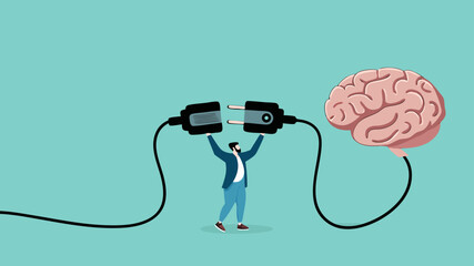 turn on creativity and idea thinking, imagination or innovation to create new idea concept, creative mind and brain illustration, businessman connect plug with brain idea to power socket concept