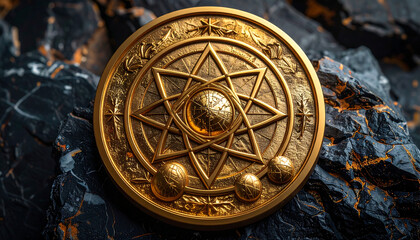 Ornate golden medallion with a seven-pointed star design resting on dark, textured rock.
