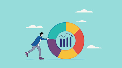 financial data analysis, growth earning with data chart and graph, investment analysis, business people push growth charts and graphs to make business growth vector illustration with flat design style