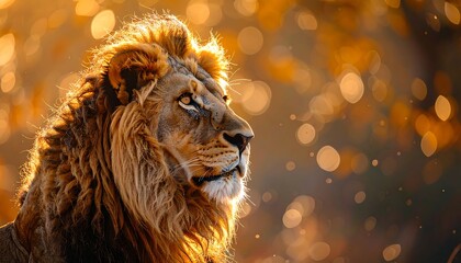A majestic lion, bathed in golden light, gazing thoughtfully. The blurry background creates a dreamy, bokeh-filled ambiance with warm tones