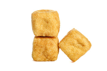 Golden Fried Tofu Cubes Isolated on White Background for Asian Vegetarian Cooking