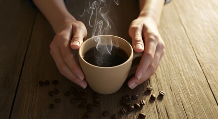 Warm Coffee Mug in Hands on Wooden Table