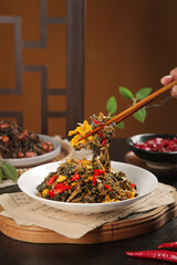 Traditional Asian Cuisine Scrambled Eggs with Dried Vegetables and Cabbage Stir Fry Dish