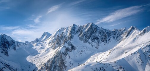 The majestic snow-covered mountains under a clear blue sky at sunrise.