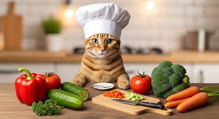 Adorable Cat Chef Preparing Fresh Vegetables in a Bright Kitchen.