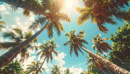 Looking up at tall palm trees against a sunny sky. Lush green foliage surrounds them, and sunlight streams through the leaves