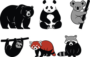 Cartoon bear, panda, koala, sloth, red panda, raccoon, cute animal illustration, wildlife drawing, forest creatures, educational design, playful artwork