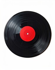 A black vinyl record with a red label in the center isolated on a white background, displaying its concentric grooves and nostalgic charm