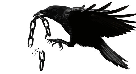 A raven soars free, breaking chains, a symbol of liberation and overcoming oppression a powerful