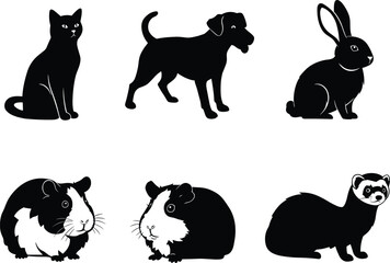 Silhouette cat, silhouette dog, silhouette rabbit, guinea pig silhouette, ferret silhouette, pet animal silhouettes, black white pets, domestic animals illustration