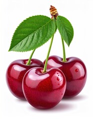 Glossy, three red cherries with green leaves, stems and water droplets are centered on a plain white background