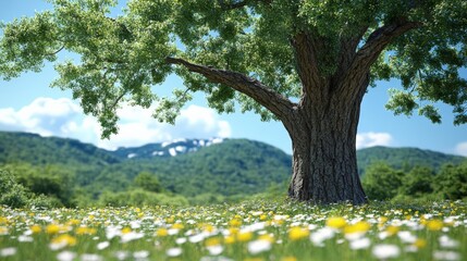 Obraz premium Lush Green Tree Surrounded by Vibrant Wildflowers in Sunny Landscape