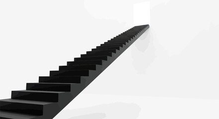 Abstract staircase leading towards an open door offering an exit point in a bright white background