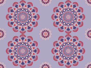 Seamless mandala pattern with layered floral petals in purple, pink, and red tones, radiating from the center outward in symmetrical circular harmony.