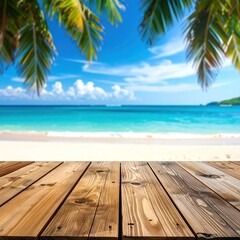 Tropical beach paradise with turquoise waters, white sand, and palm trees viewed from a weathered wooden deck under a clear, bright sky