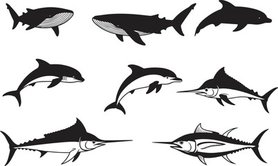 Whale silhouette, dolphin silhouette, swordfish silhouette, marine animal illustration, ocean wildlife design, aquatic life drawing, sea creatures art, underwater nature graphic