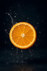 A perfectly sliced ​​orange hangs in the air with water droplets splashing around it