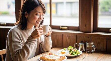 喫茶店でモーニングセットを楽しむ日本人女性