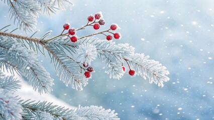 Frosty Winter Branch with Red Berries