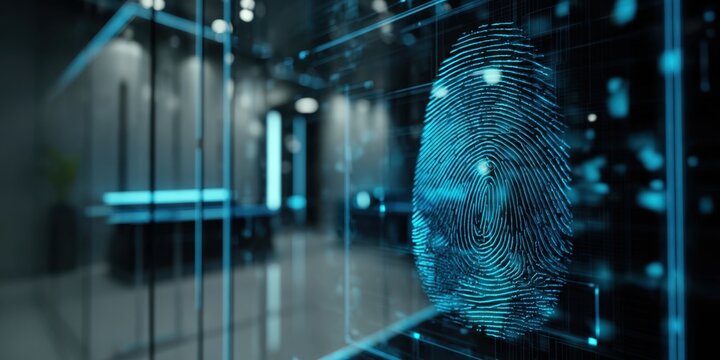 The futuristic digital fingerprint technology in a modern office environment. - Powered by Adobe