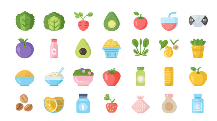 Pastel Flat Vector Healthy Food and Nutrition Ingredients Icon Set