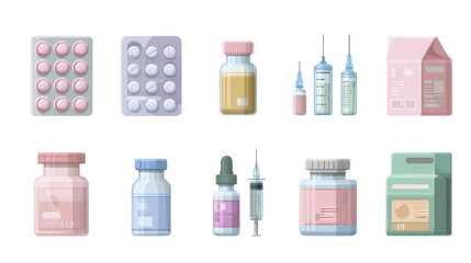 Pastel Flat Vector Icons of Medical Packaging and Supplies Set