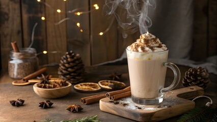 Obraz premium Mulled Spice Milkshake In A Glass With Warm Cozy Holiday Aroma, Smooth Creamy Texture, And Rustic Backdrop, A Festive Dessert Drink Full Of Seasonal Comfort And Indulgence