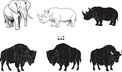 Elephant, white rhinoceros, black rhinoceros, American bison, wildlife animals, large mammals, safari creatures, endangered species, nature conservation, African savanna, grassland habitat