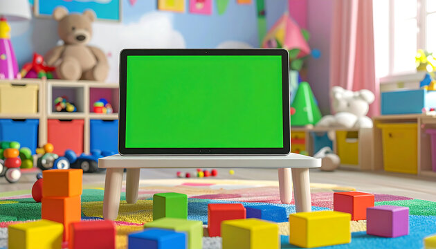 A tablet with a green screen mockup on a small table in a colorful, sunlit children's playroom filled with toys and building blocks.