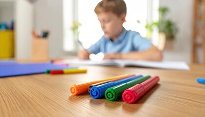 A boy is blurring in the background as he works on schoolwork; in front are bright felt-tip pens arranged neatly on a wooden desk