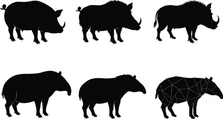 Black animal silhouettes, wild boar warthog tapir vector illustration, wildlife artwork, zoology educational graphic, animal morphology design, forest mammal posture collection