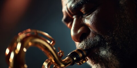 The passionate musician playing his saxophone in a soulful performance.