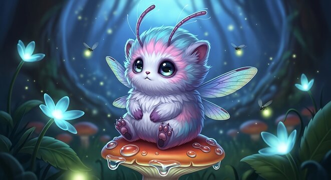 Adorable fantasy fairy creature on a glowing mushroom in an enchanted forest.