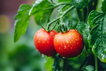 Close up of two ripe red tomatoes on the vine with dew drops, surrounded by lush green leaves in a garden setting