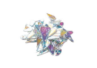 A cluster of iridescent, angular shards of recycled plastic with a multi-chromatic sheen, macro shot on a transparent background with copy space, showcasing fractured beauty