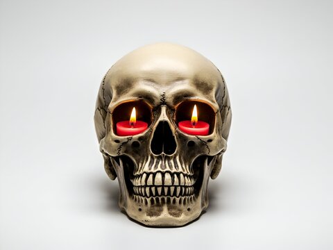 Halloween Skull Decoration with Glowing Candle Eyes Isolated on White Background
