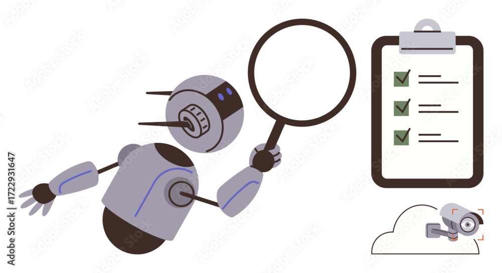 Poster robot holding a magnifying glass examining a checklist on a clipboard alongside a cloud and a camera