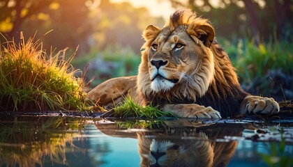 A majestic lion rests peacefully near water, bathed in warm sunlight, with its reflection visible. The scene is set in a natural habitat, filled with plants and a blurred background