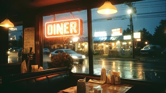Rainy street scene from inside a retro diner with neon sign at night, melancholic true crime ambiance footage.