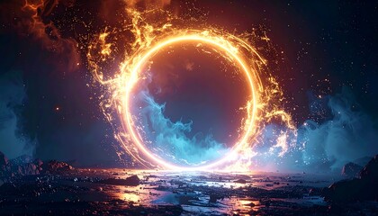 A cosmic portal shimmers with celestial light above a surreal, rocky landscape under a vibrant, star-filled sky